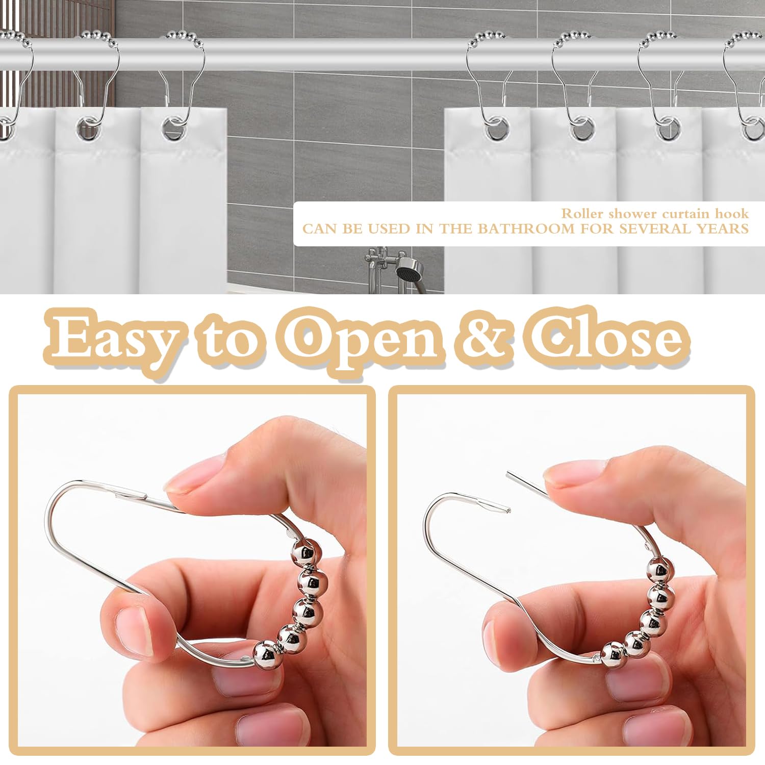 14-Piece Stainless Steel Shower Curtain Hooks - Rustproof, Smooth Gliding Rings for Easy Installation and Secure Hold on Standard Rods