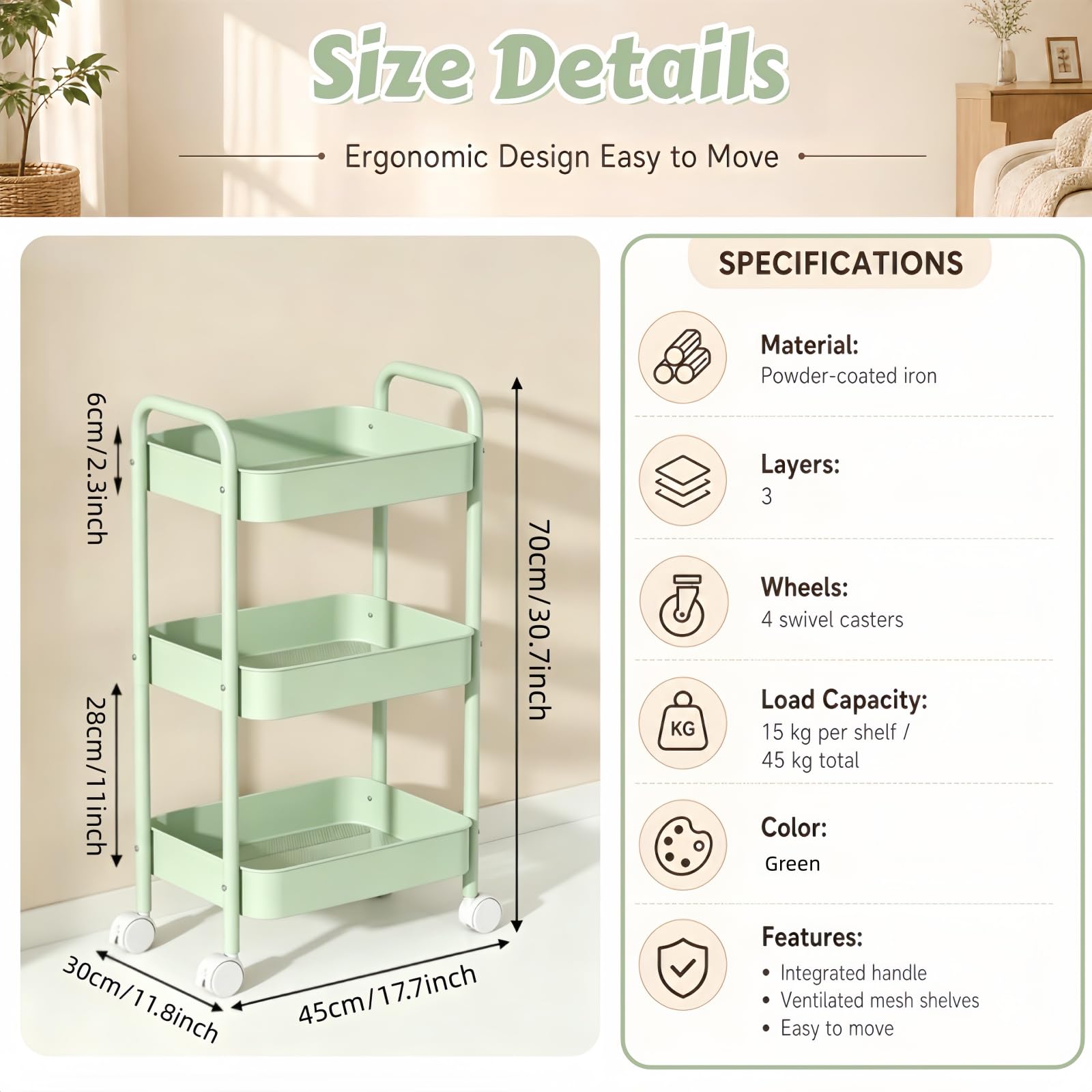 Siocok 3 Tier Metal Storage Trolley on Wheels, Storage Cart, Rolling Utility Cart, Easy Assembly for Home Kitchen, Bathroom Laundry and Office (Green)