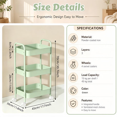 Siocok 3 Tier Metal Storage Trolley on Wheels, Storage Cart, Rolling Utility Cart, Easy Assembly for Home Kitchen, Bathroom Laundry and Office (Green)
