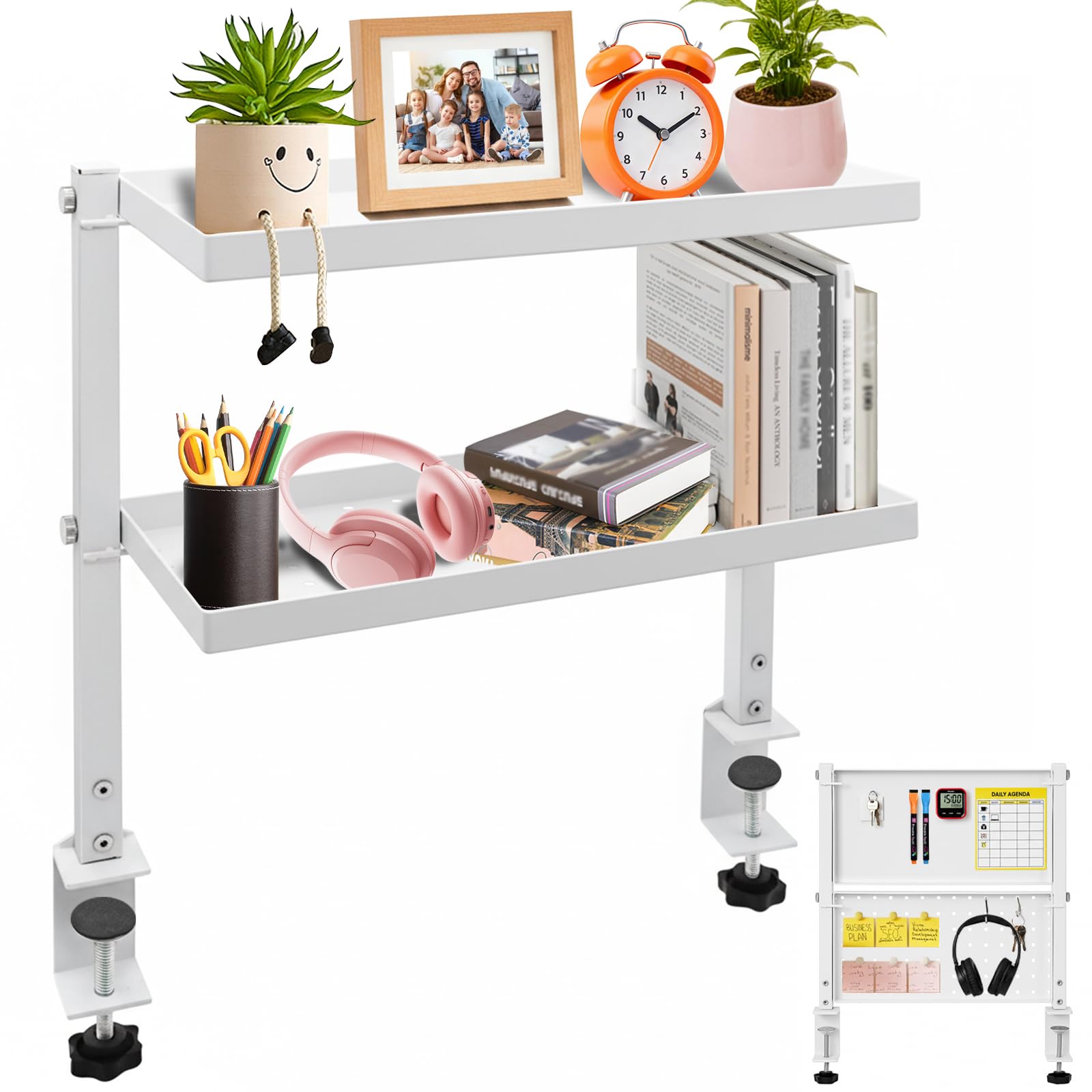 Cyiecw Clamp On Desk Shelf 2-Tier, 34cm Desktop Bookshelf with Pegboard, 270° Rotating Desk Storage Organizer for Home, Office, or Dorm, White