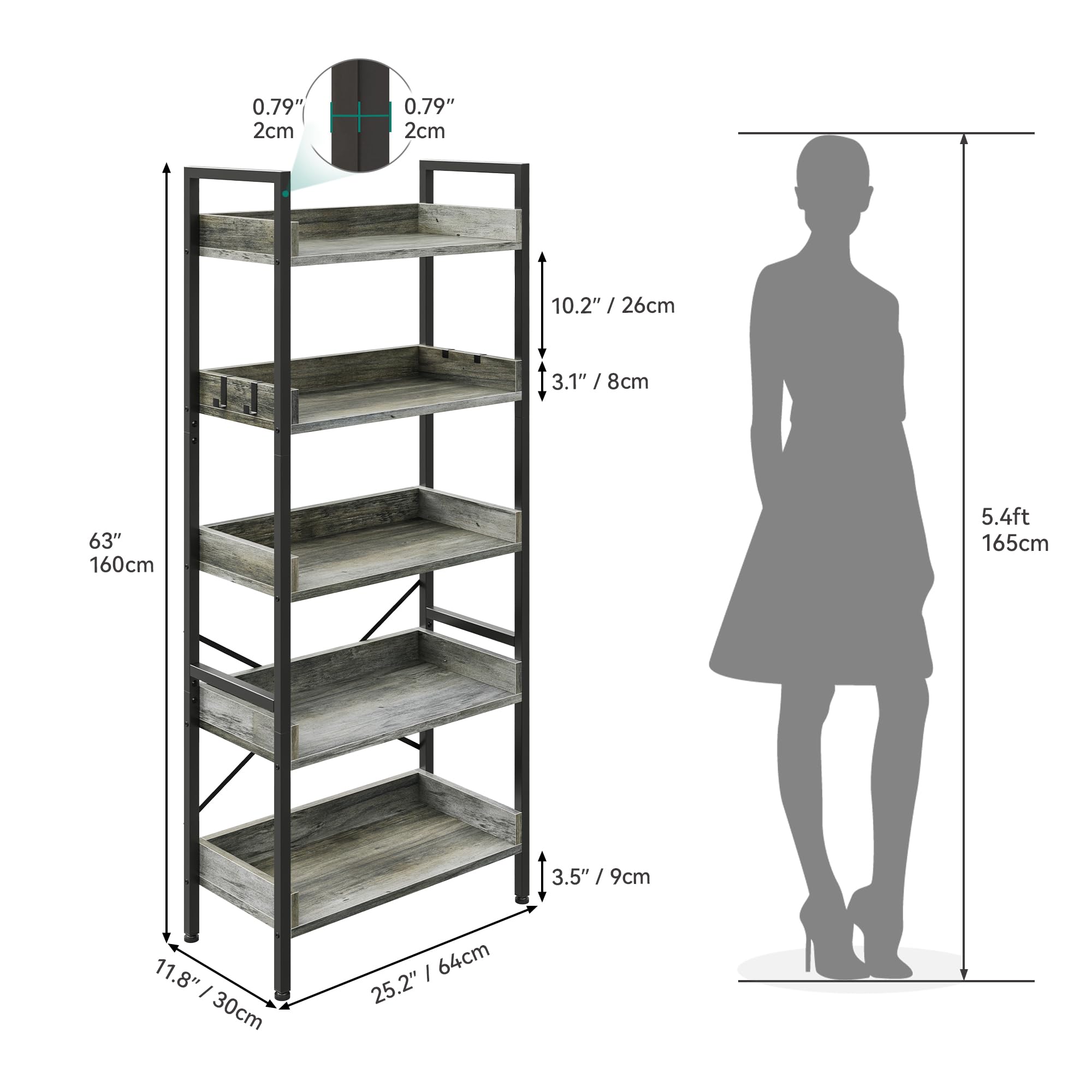 YITAHOME 5 Tier Bookcase, Floorstanding Wooden Shelves with Stable Steel Frame Shelving Unit