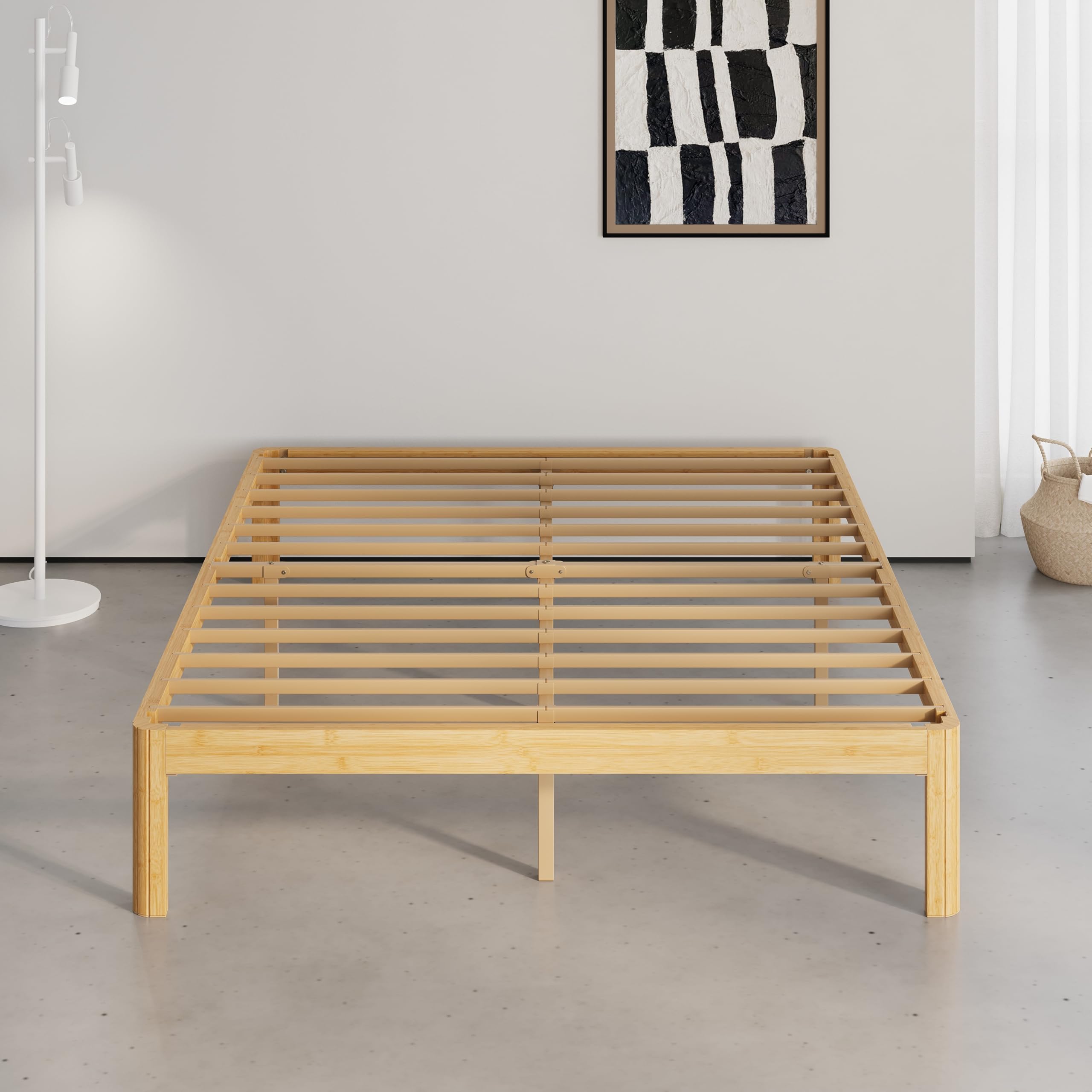 QFtime Bamboo Wood Double Bed Frame, Platform Bed Frame Double with Metal Slats Support, Easy to Install, Noise Free, Sturdy, 30.5 cm High