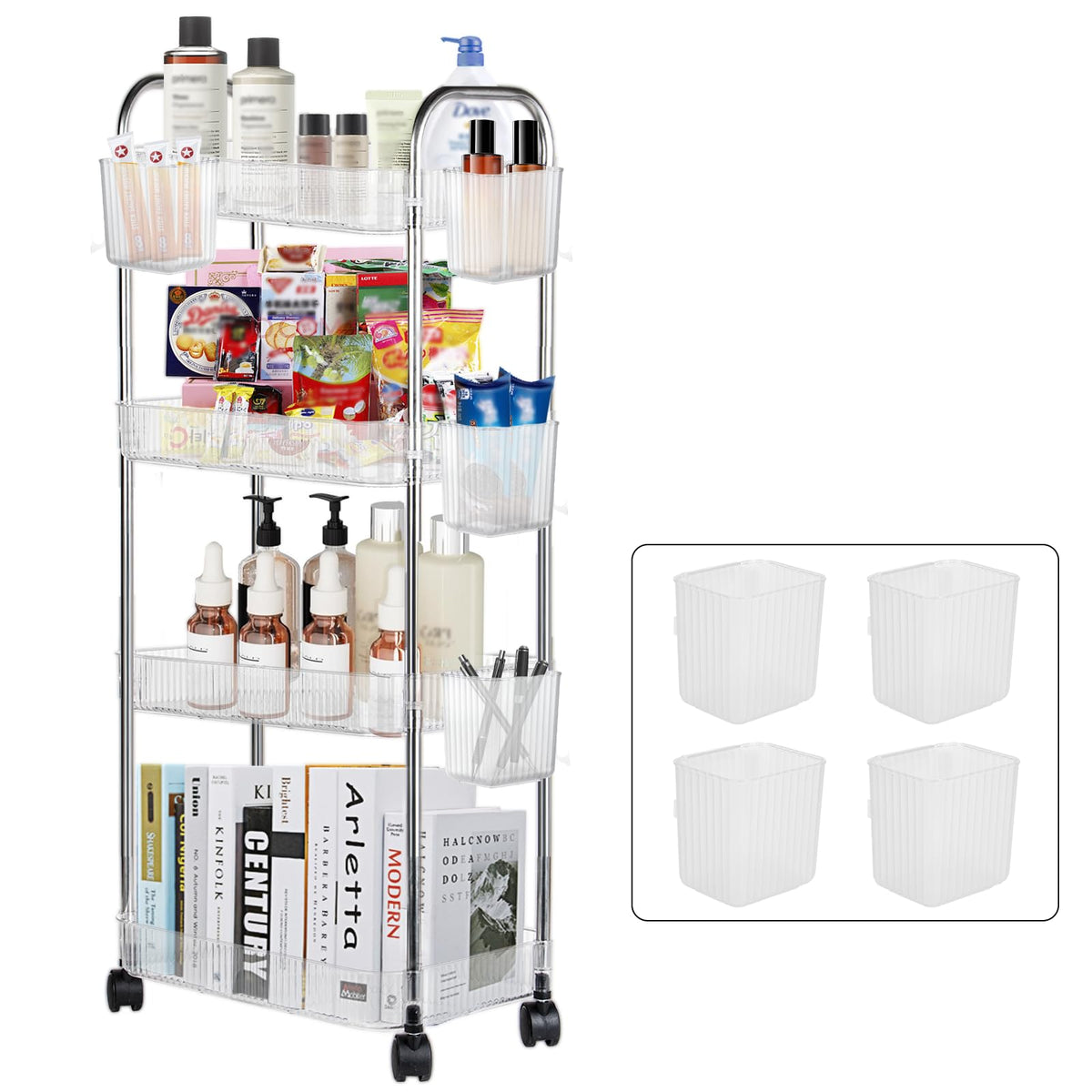 Speclux 4-Tier Clear Acrylic Rolling Storage Trolley on Wheels with Bonus Hanging Cups, Lockable Wheels & Handle