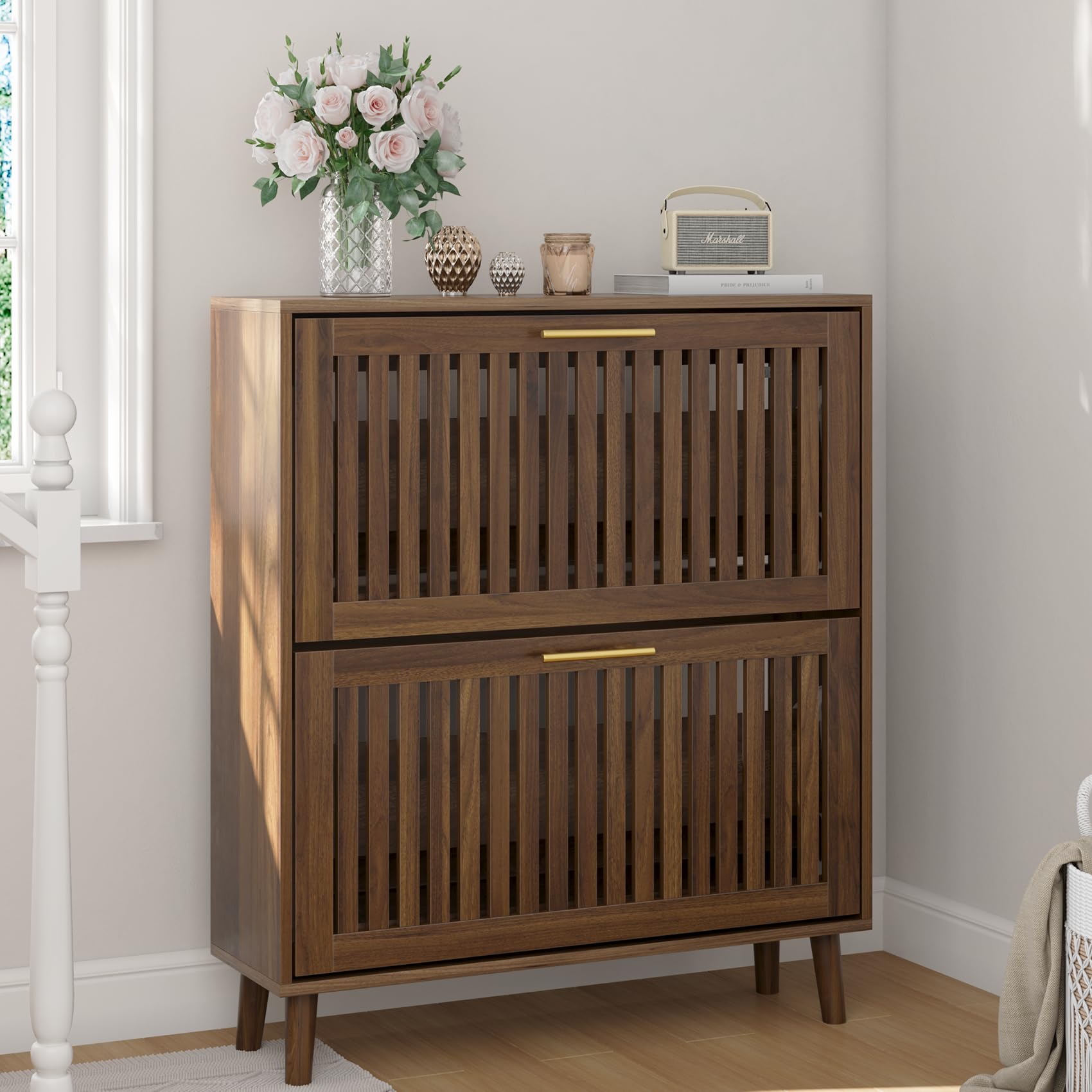 Smart FENDEE Shoe Storage Cabinet with 2 Flip Slatted Drawers, Narrow Wood Shoe Cabinet with Gold Handle, Hidden Entryway Shoe Organizer for Hallway