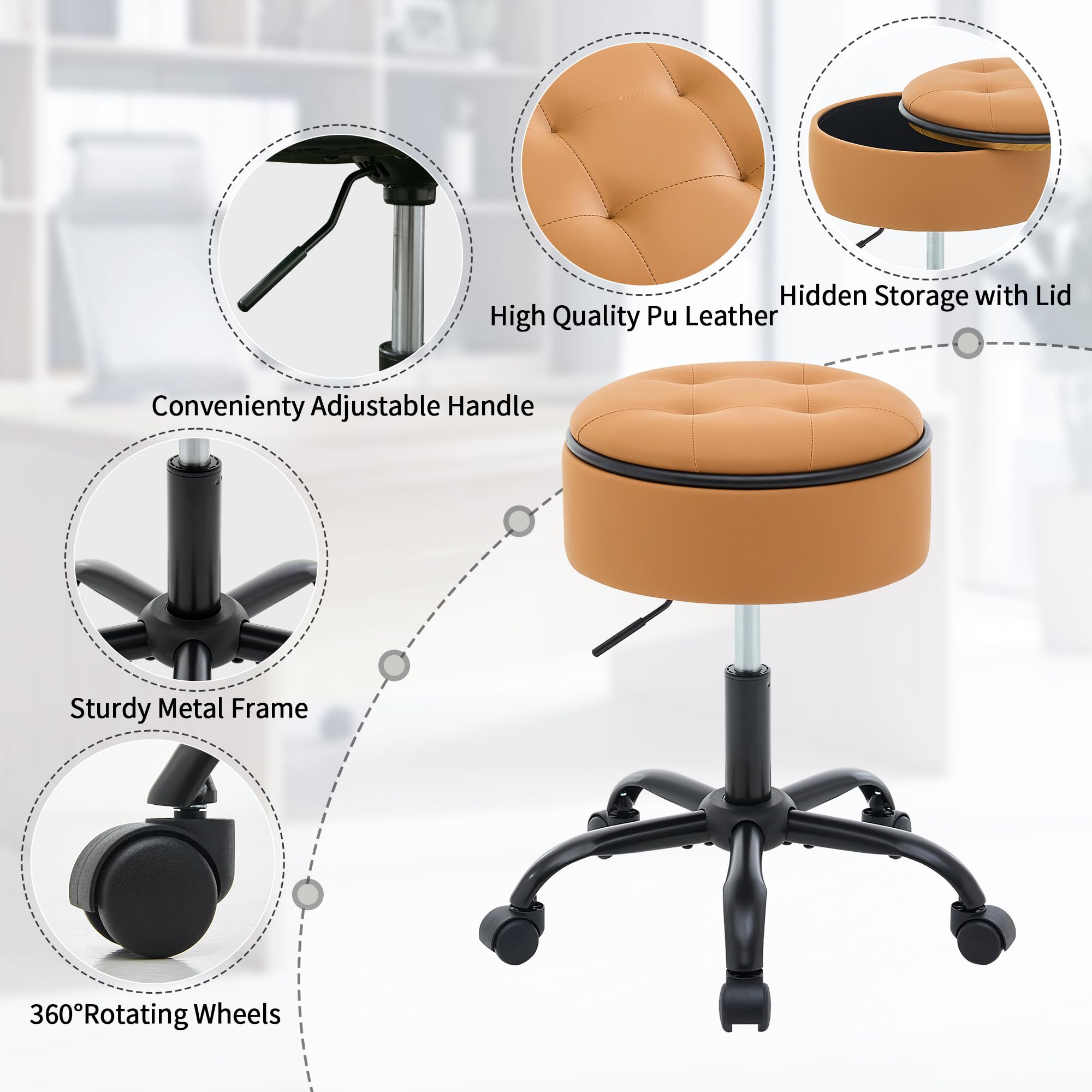 FIRAVOE Drafting Chair with Wheels (Stool & Small Table in One) (Adjustable Office Chair 52.5–62.5 cm), Caramel Brown Rolling Stool with Storage