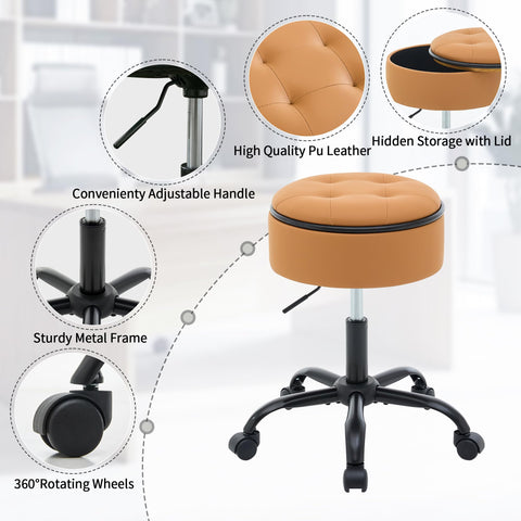 FIRAVOE Drafting Chair with Wheels (Stool & Small Table in One) (Adjustable Office Chair 52.5–62.5 cm), Caramel Brown Rolling Stool with Storage