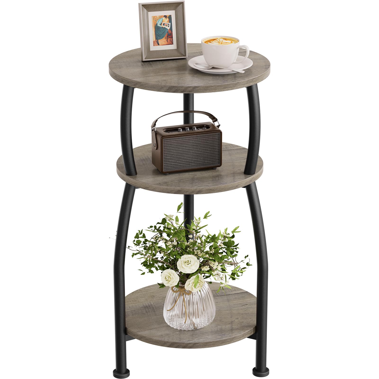 Yuede Round Side Table, 3 Tier Slim Round Coffee Table, Small End Table with Storage Shelf, Bedside Table, for Living Room, Bedroom, Small Space
