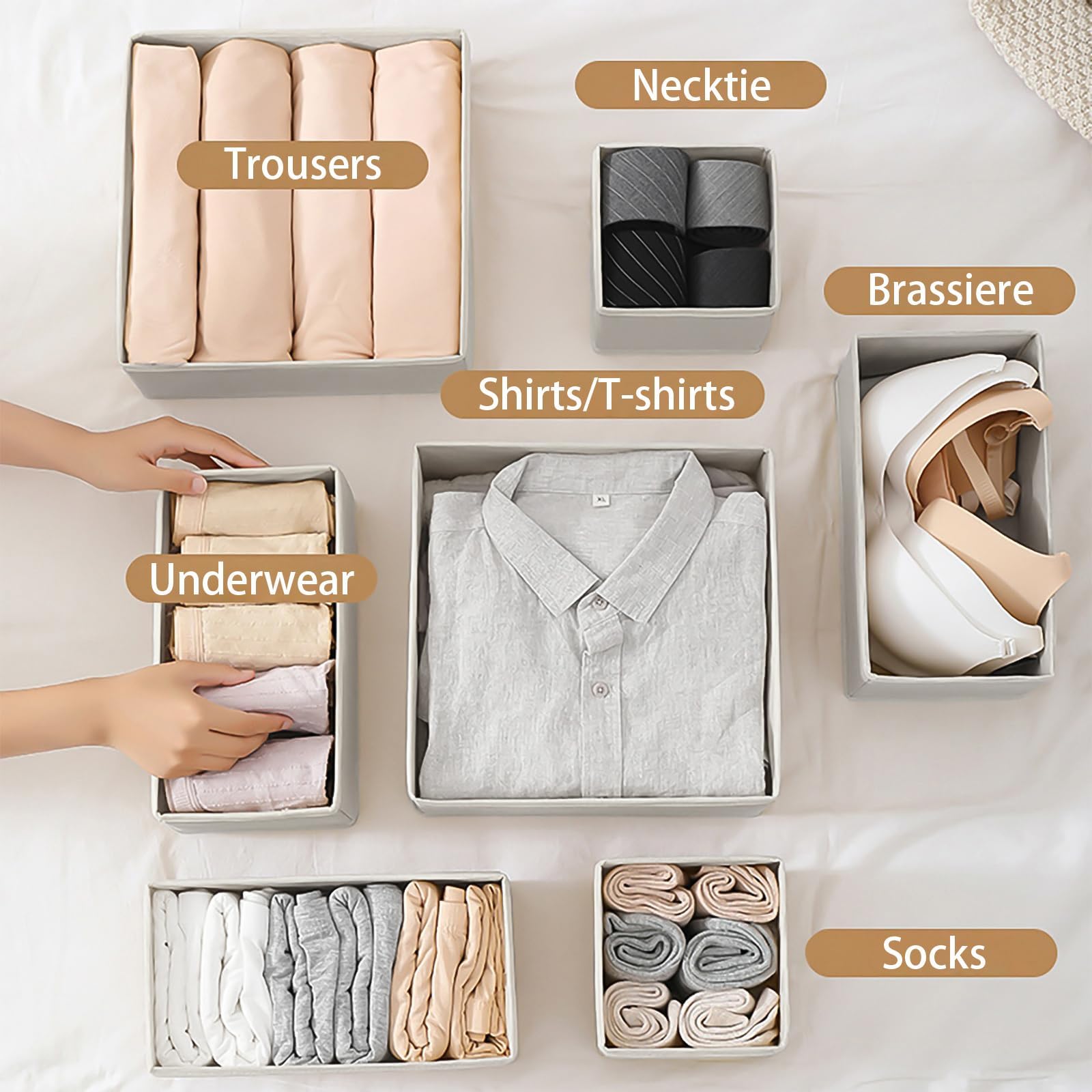Braozaiw Drawer Organisers, Drawer divider, Storage Dividers Set, Foldable Fabric Organisers for Clothes, Underwear, Socks, Clothes Organiser