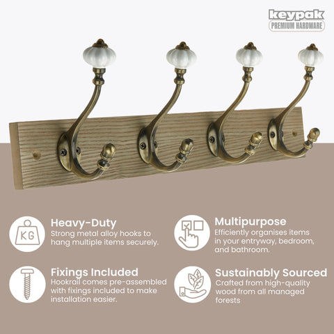 keypak Victorian Wall-Mounted Coat 4 Brass Hook 46 cm Wood Rail