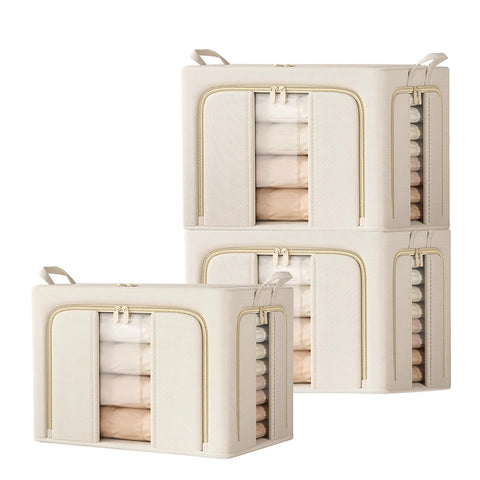 Clothes Storage Boxes with Lid,Upgraded 5.0mm Steel Frame Waterproof Fabric,3-Way Double Zipper Openings & 2 Clear Windows,Better Foldable Storage