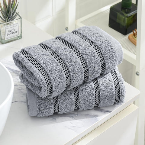 sense gnosis Light Grey Jacquard Ribbed Striped Decorative Hand Towel Luxury Soft Absorbent 100% Cotton Bathroom 2 PC Hand Towel Set 13 x 29 Inch