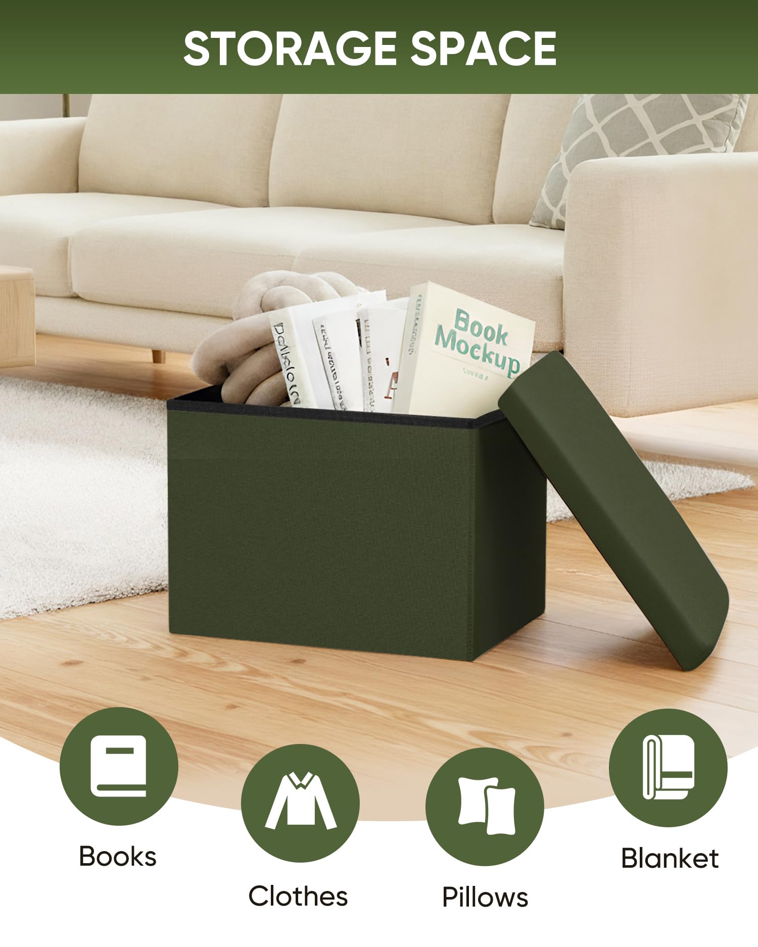 Bonlife Ottoman Storage Box - Foldable Rectangular Footstool for Living Room, Kids Toy Chest with Lid, Multi-Use Seat & Storage, Olive Green
