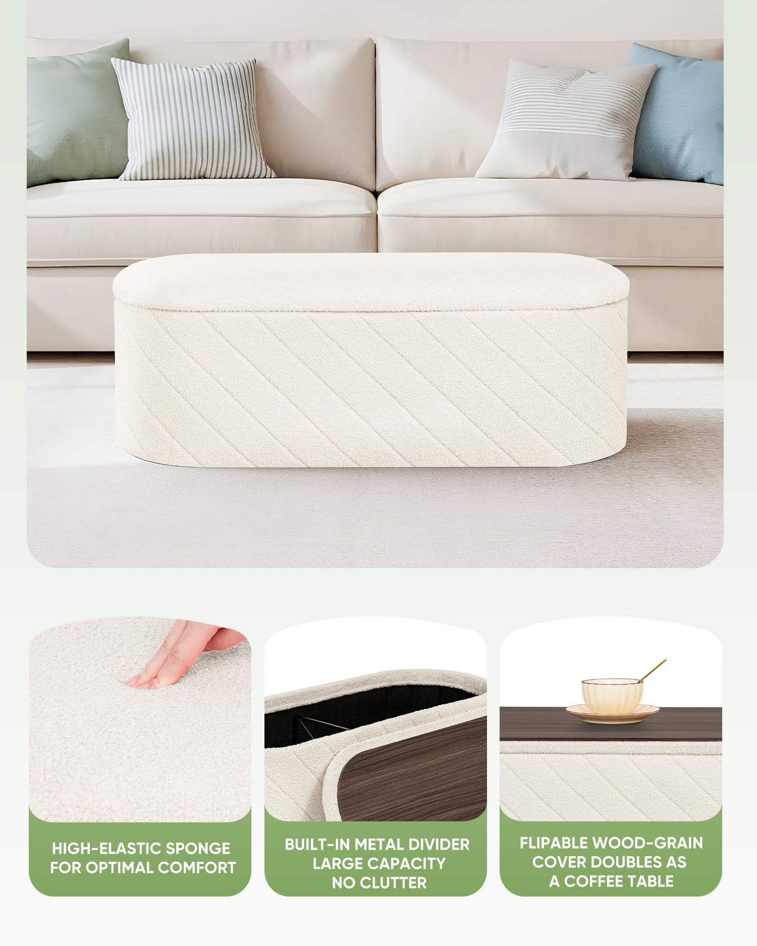 Bonlife Oval Ottoman with Storage Bench, Folding Foot Rest with Lid, Boucle End of Bed Bench,Foostool for Living