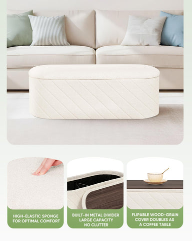 Bonlife Oval Ottoman with Storage Bench, Folding Foot Rest with Lid, Boucle End of Bed Bench,Foostool for Living