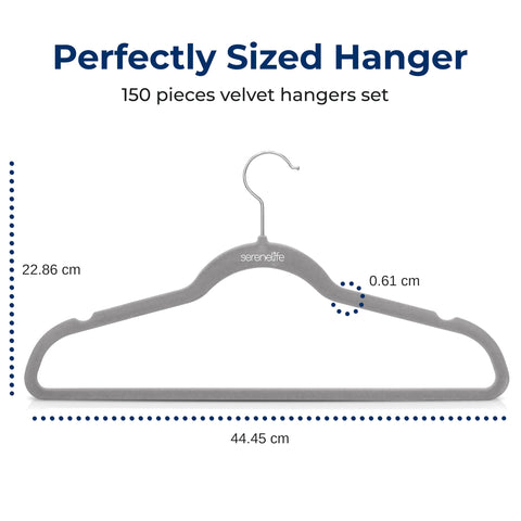 SereneLife Velvet Hangers, Gray, 150-Pack - Non-Slip Adult Coat Hangers