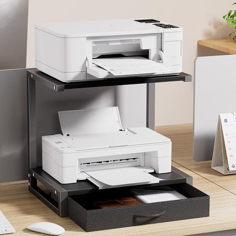 OYRREU 2-Tier Desktop Printer Stand with Fabric Drawer for Storage, Black