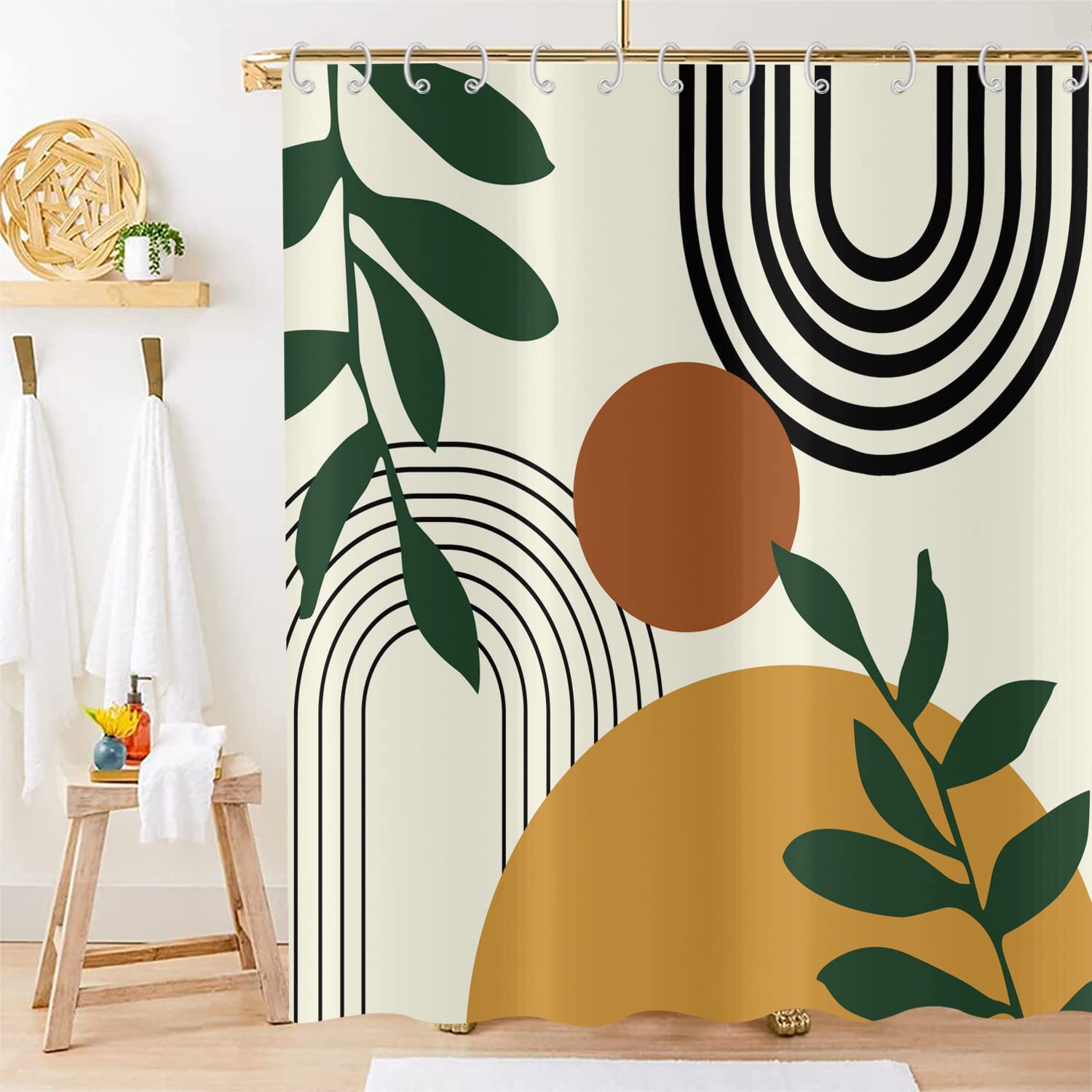 Hnmdmyi Boho Shower Curtain 180x180, Mid Century Abstract Arch Sun Green Leaf Beige Bathroom Curtains Modern Minimalist Aesthetic Art Waterproof