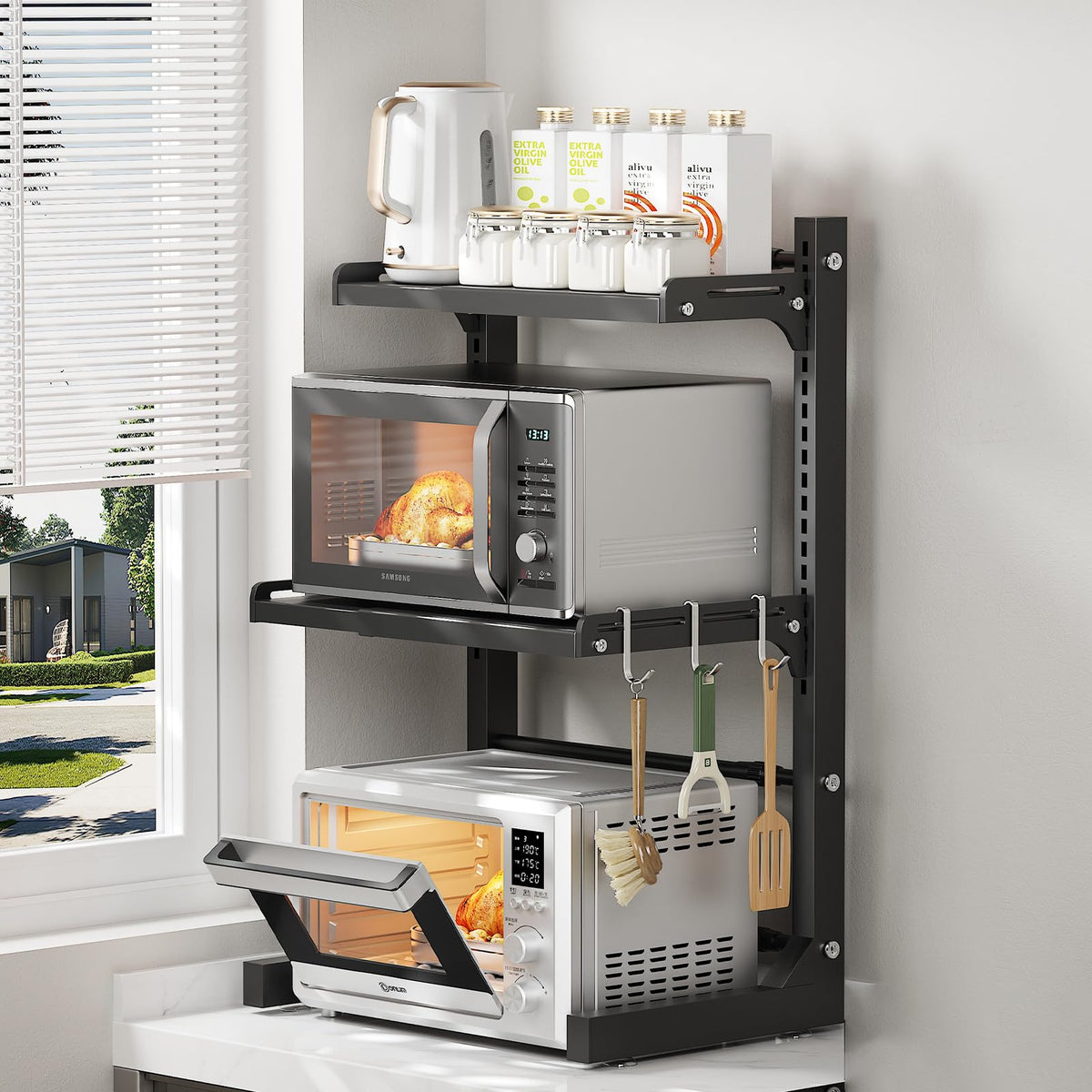 ABCOOL Retractable Adjustable 2 Axial Kitchen Baker Microwave Oven Rack, 2 Tier Expandable and Height Adjustable Carbon Steel Shelf Counter