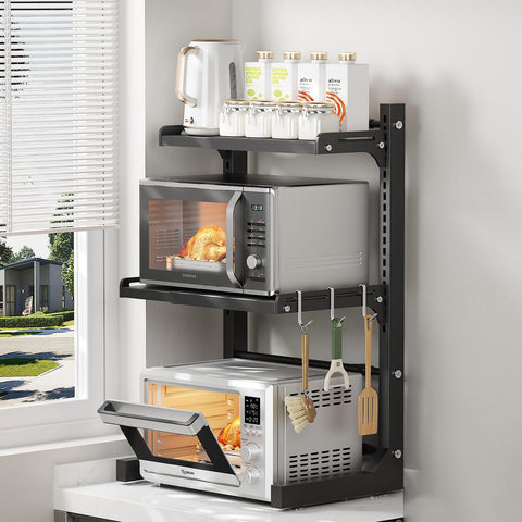 ABCOOL Retractable Adjustable 2 Axial Kitchen Baker Microwave Oven Rack, 2 Tier Expandable and Height Adjustable Carbon Steel Shelf Counter