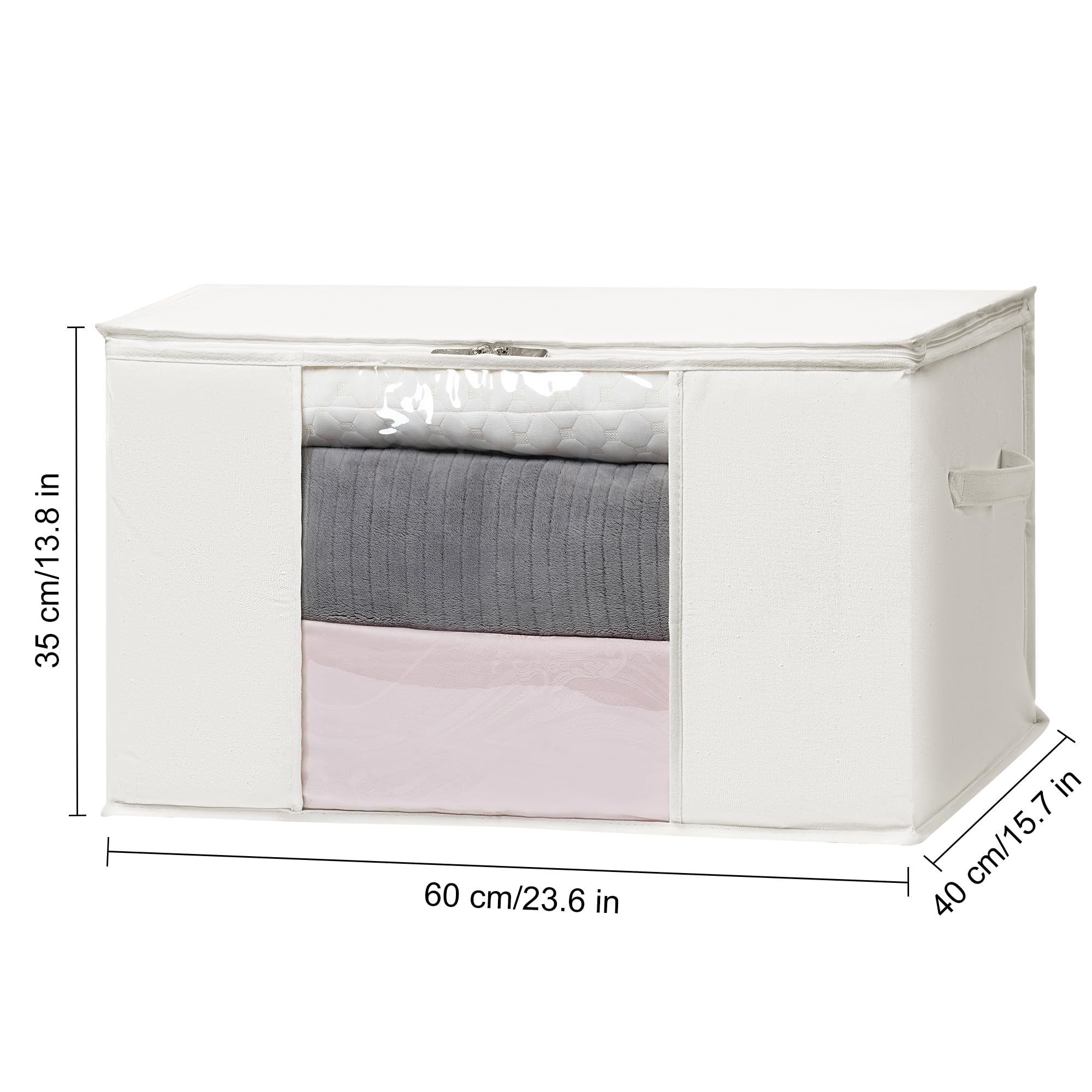 TYEERS Large Storage Bags with Zip and Clear Window, Cotton Blended Fabric Storage Containers for Seasonal Clothes and Bedding, 60x40x35 cm, 4-Pack