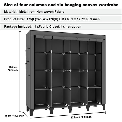 OPPAIYA Extra Large Canvas Wardrobe with 6 Hanging Rails, Portable Fabric Bedroom Wardrobes with 8 Shelves & 8 Side Pockets