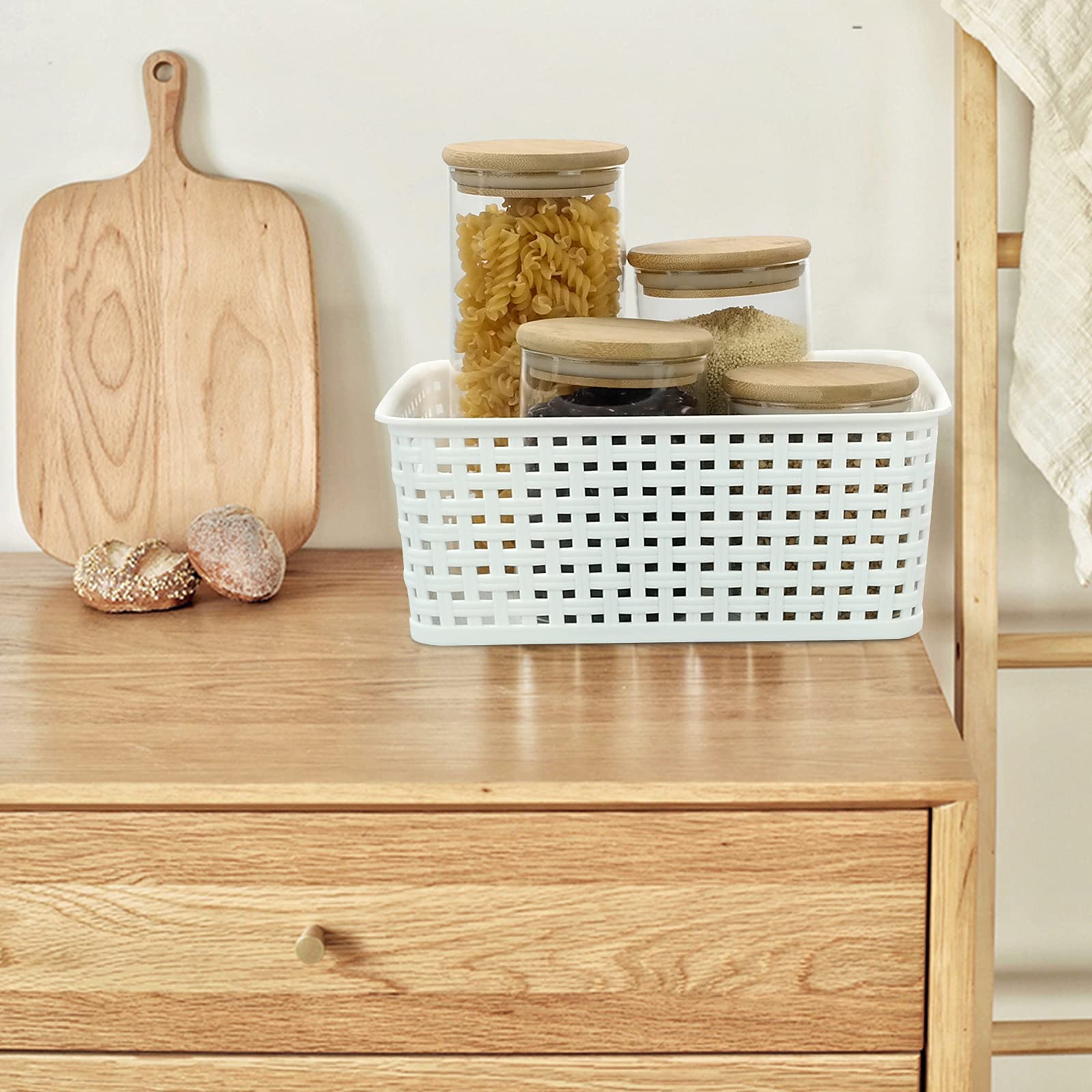 Vcansay Plastic Storage Basket, Woven Plastic Basket, White, 6 Packs