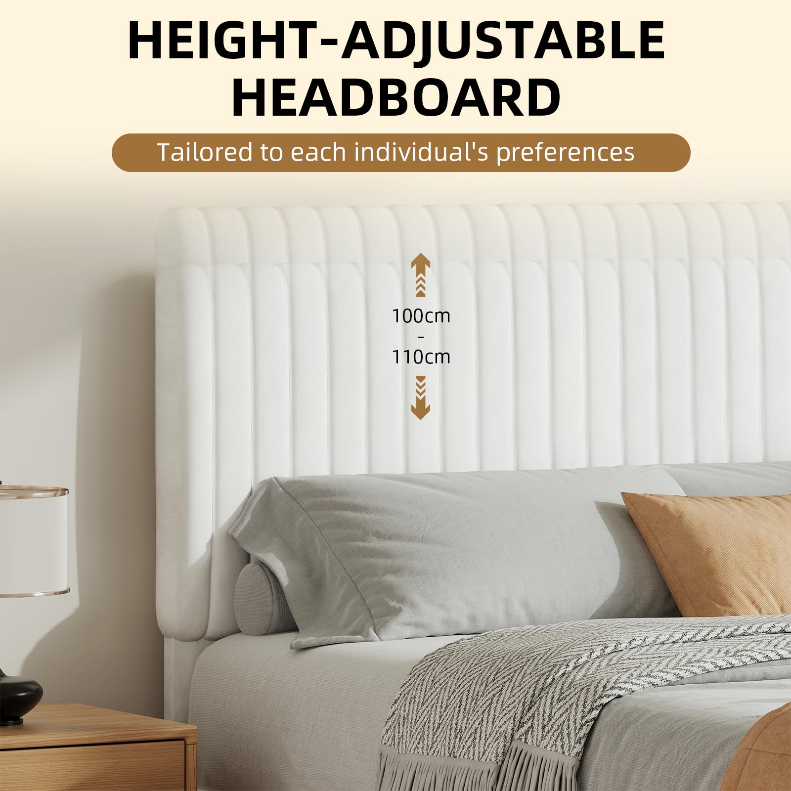HOMBCK Single Bed Frame, 90 x 190 cm, Upholstered Bed with Velvet Headboard, Adjustable Height, Wooden Slat Support, No Box Spring Needed, White