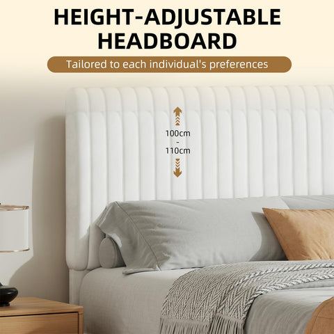 HOMBCK Single Bed Frame, 90 x 190 cm, Upholstered Bed with Velvet Headboard, Adjustable Height, Wooden Slat Support, No Box Spring Needed, White