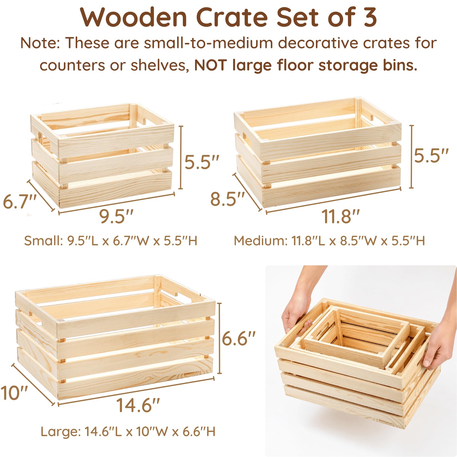 YOUEON Set of 3 Rustic Wooden Nesting Crates with Handles, Decorative Wooden Crates, Crate Box Wooden Storage Box for Kitchen, Office, Bedroom