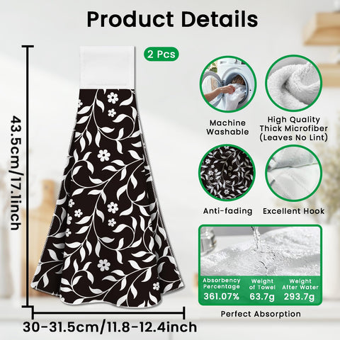 CUTHOLLOW 2 Pcs Black and White Flowers Hanging Kitchen Towels with Loop