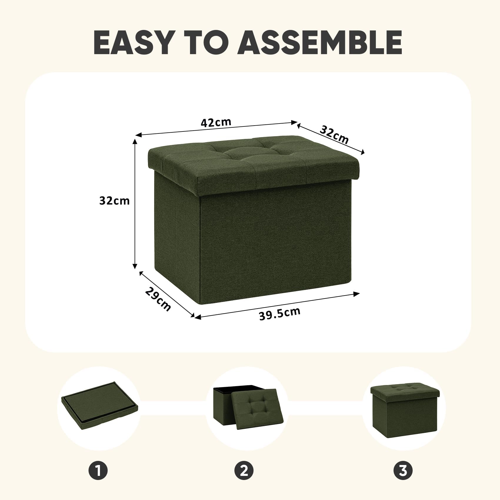 PINPLUS Linen Ottoman Storage Box with Lid, 42x32x32 cm, Olive Green