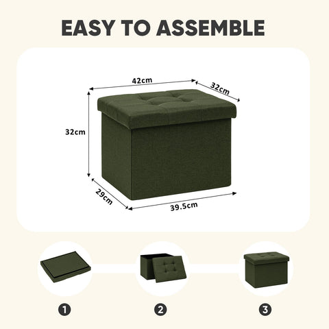 PINPLUS Linen Ottoman Storage Box with Lid, 42x32x32 cm, Olive Green
