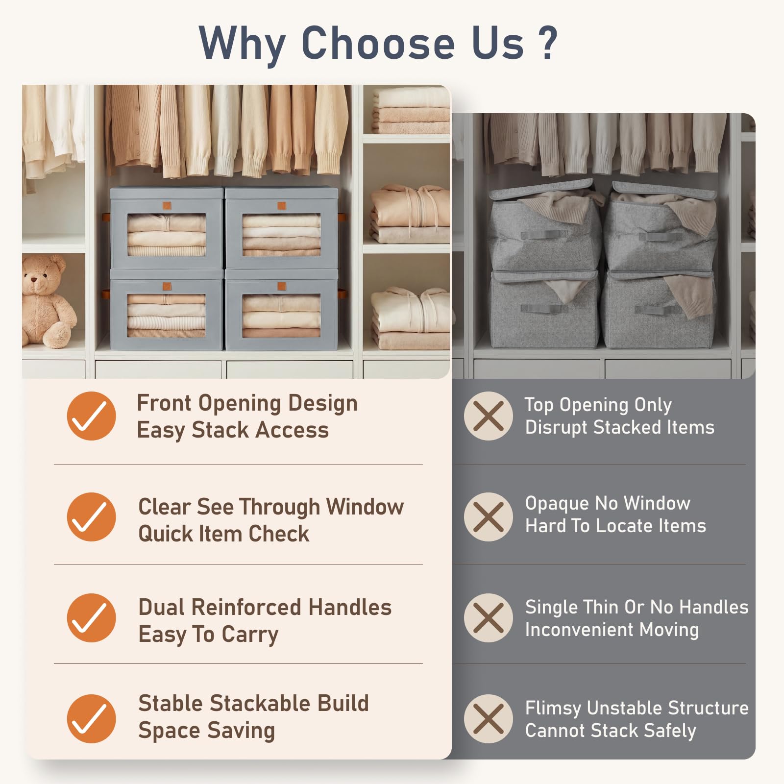 Homsorout Fabric Storage Boxes with Lids with Dual-access Design 22L Grey