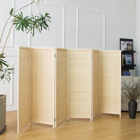 Furnnylane 6 Panel Bamboo Room Divider Short Folding Screen Divider,Double Sided Bamboo Panel Divider for Room Separation,Beige,120 cm H x 234 cm W