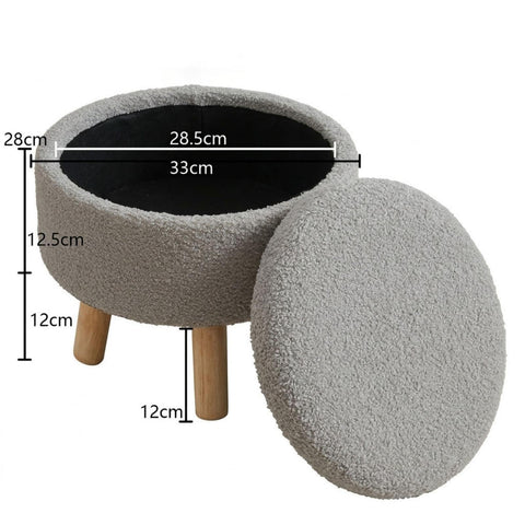 13 Inch Round Storage Stool With Lid, Teddy Fleece Footstool With Storage, Padded Pouffe With Solid Wood Legs
