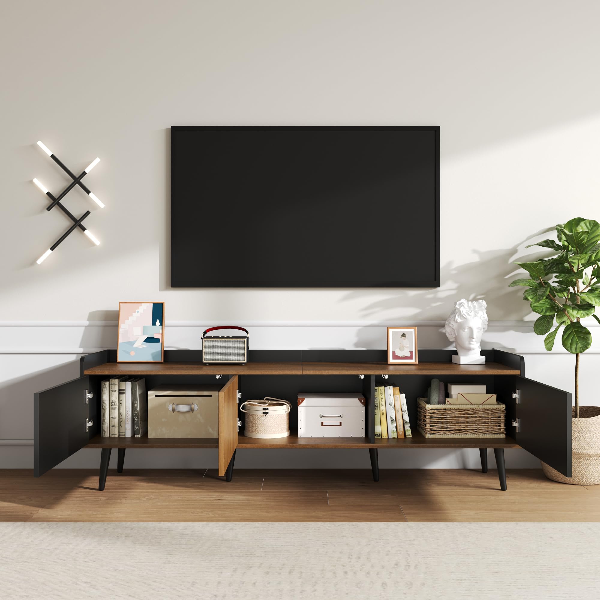 Ball & Cast TV Cabinet TV Stand Compact Media Unit with Raised Edge, Striped Doors & Solid Wood Legs 160 × 39 × 49.5 cm - Black & Natural Wood