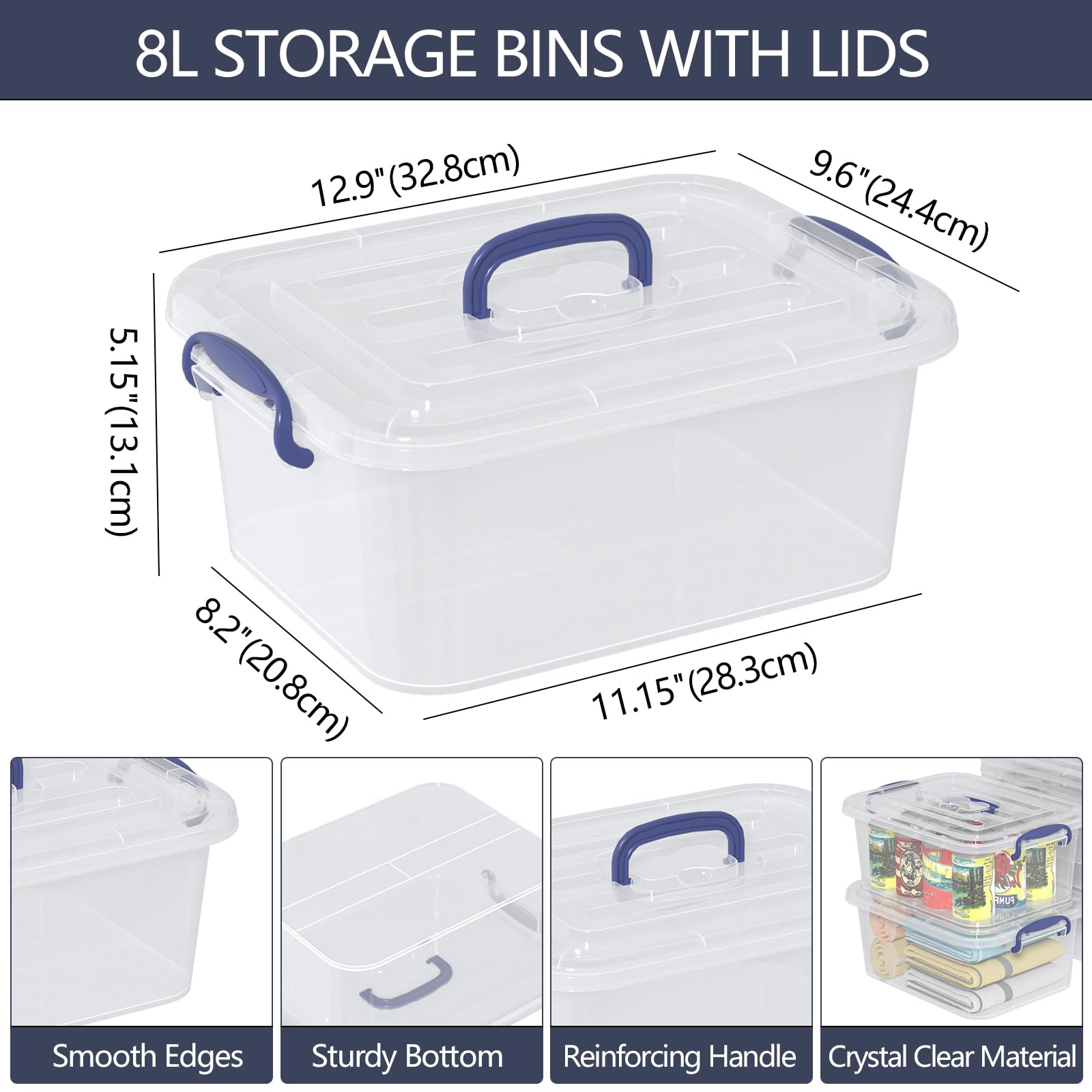 Tyminin 6 Packs Clear Plastic Storage Boxes with Clear Lids, Small Latch Bins, 8 Litre, T