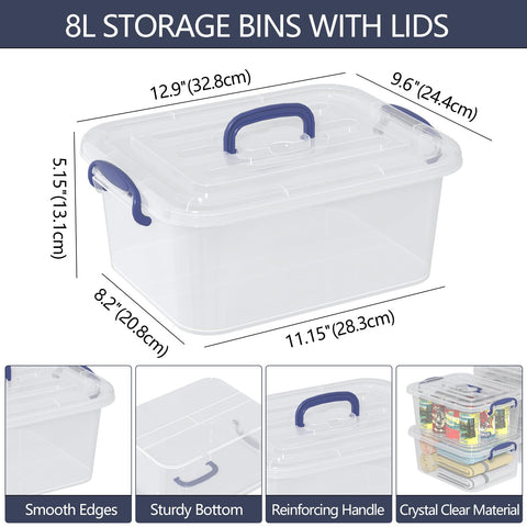 Tyminin 6 Packs Clear Plastic Storage Boxes with Clear Lids, Small Latch Bins, 8 Litre, T