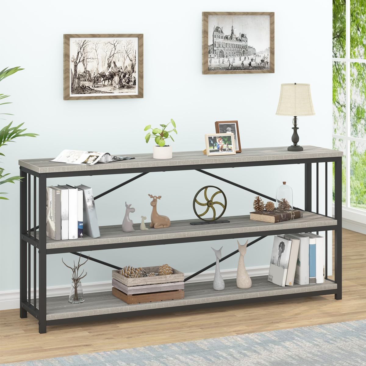 IBF Low Long Horizontal Bookshelf, Industrial Modern 3 Tier Etagere Bookcase, Large Wide Open Rustic Metal and Wood Grey Book Shelf for Bedroom