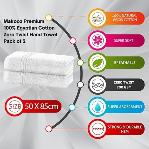 Makooz Premium 700 GSM Hand Towels for Bathroom 2 Pack- 100% Natural Zero Twist Egyptian Cotton- Luxurious Ultra Soft, Quick Dry