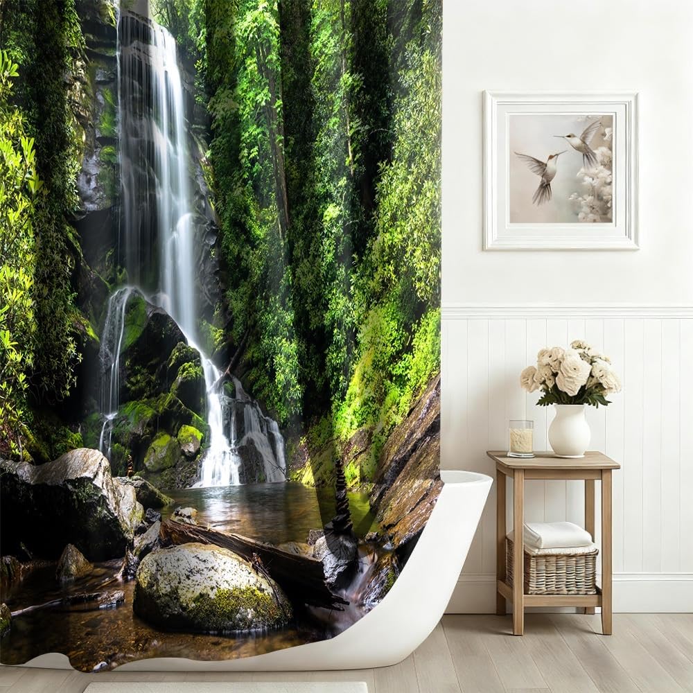 Xiaoterna Nature Shower Curtain Spring Waterfall Bathroom Curtain Tropical Jungle Green Forest Landscape Moss Stone River Washable Shower Curtain