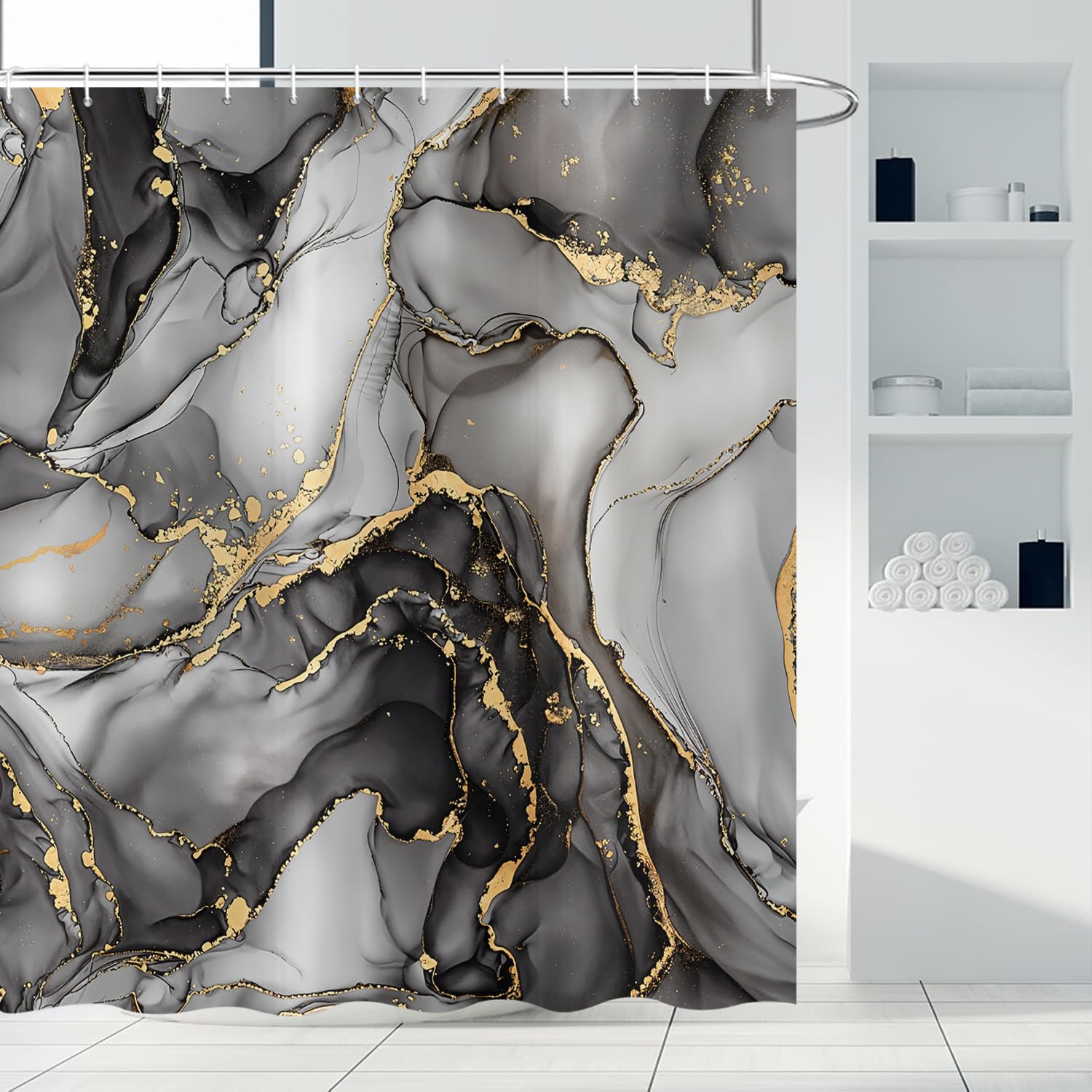 ASDCXZ Black Marble Shower Curtain 180x200 cm, Modern Abstract Art Gray Black Gold Marble Optics Texture Waterproof Bath Curtain Polyester Textile