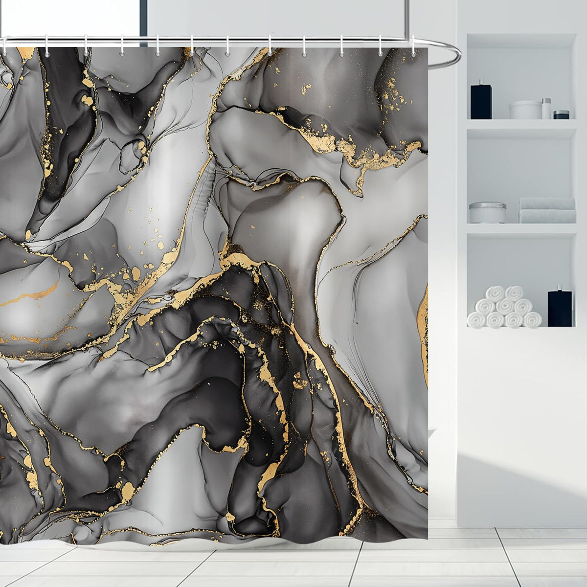 ASDCXZ Black Marble Shower Curtain 180x200 cm, Modern Abstract Art Gray Black Gold Marble Optics Texture Waterproof Bath Curtain Polyester Textile