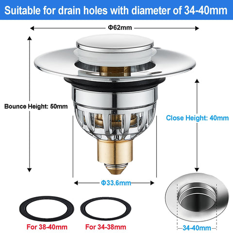 Tomario Sink Plugs Bathroom Plug, Stainless Steel Bathroom Basin Plug Pop Up Plugs for Wash Basin