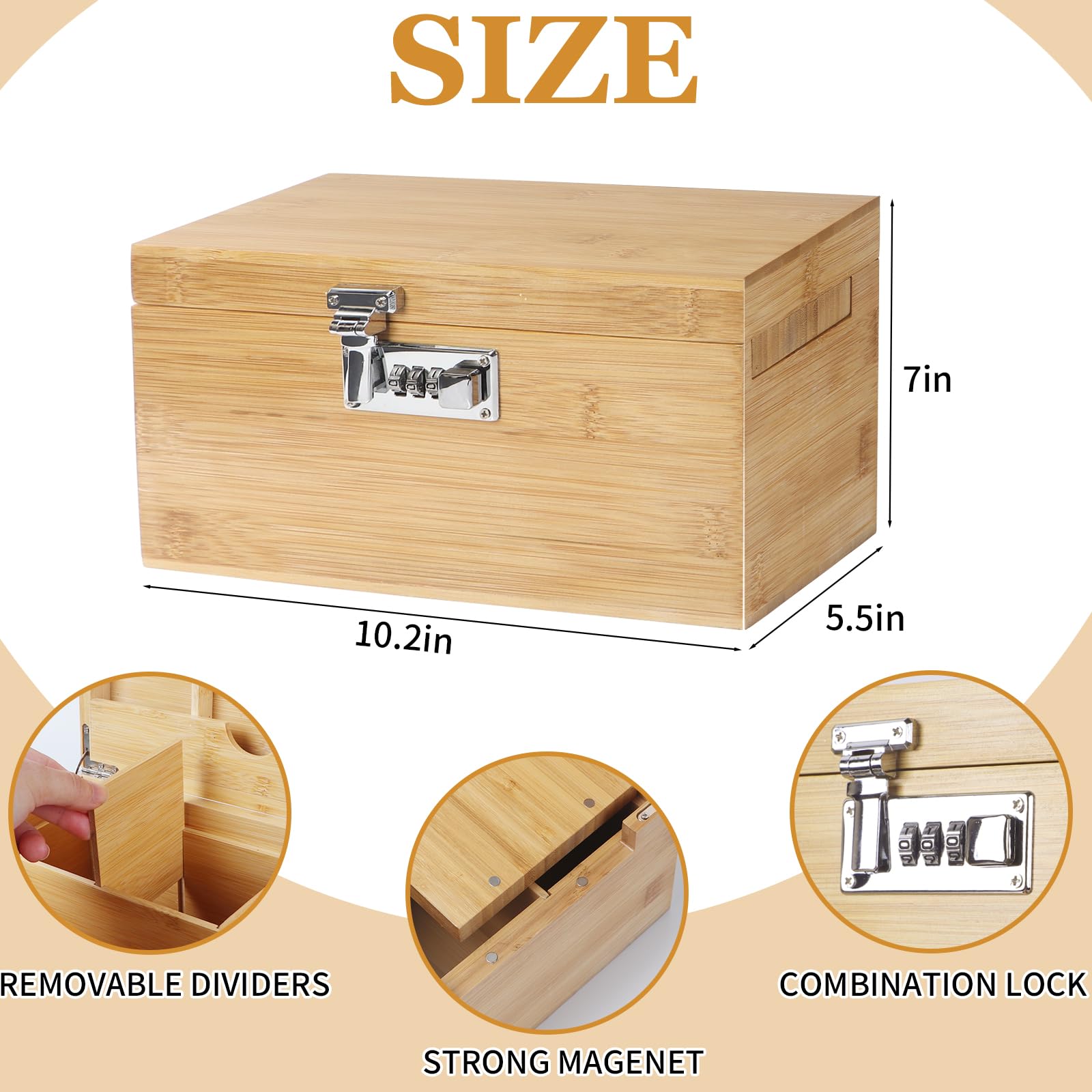TISEMENT Large Bamboo Box with Combination Lock, Decorative Storage Box with Detachable Compartment