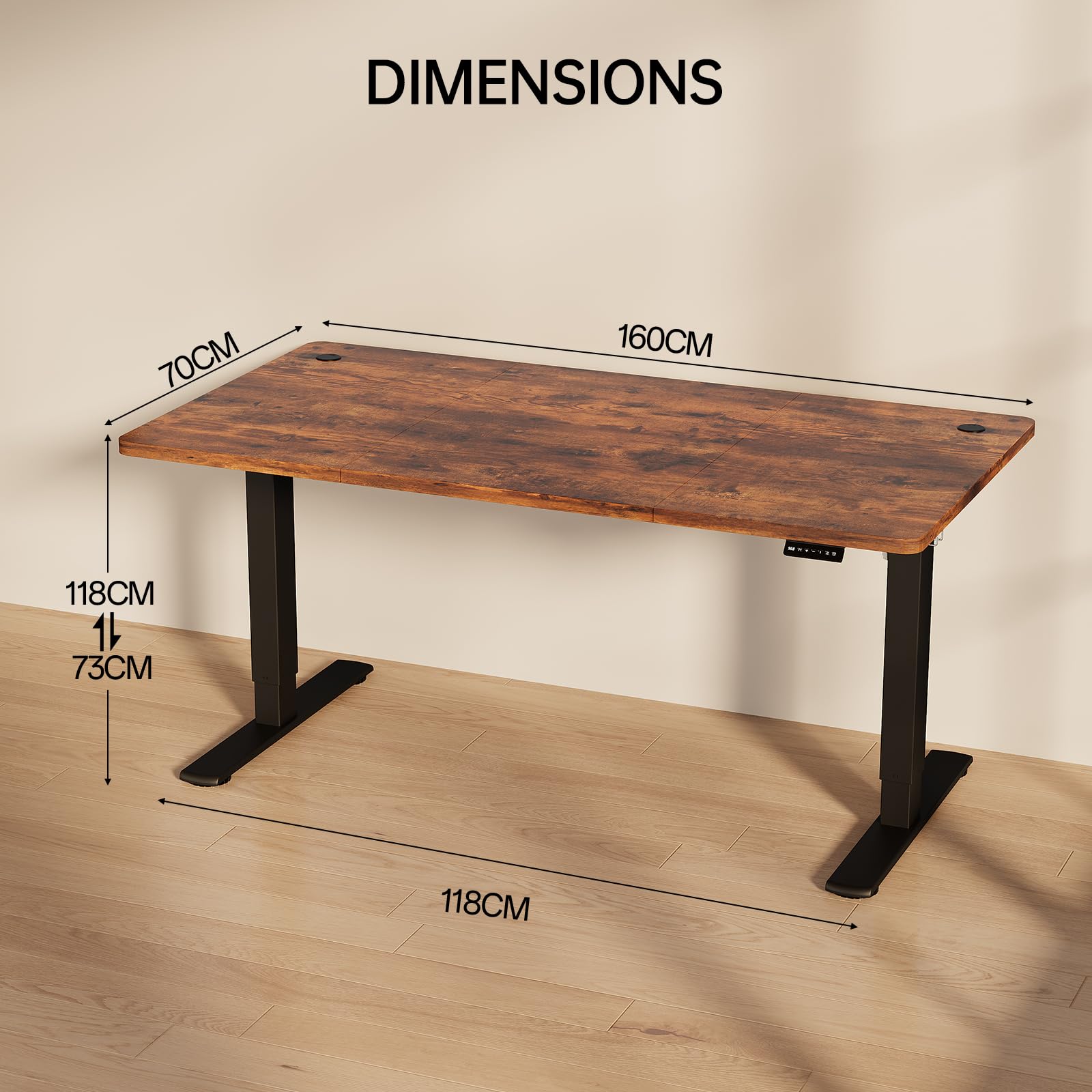 Homall Electric Height Adjustable Desk, Adjustable Height Office Desk with USB Ports, 160x70cm, Home Office with Splice Board, Rustic Brown