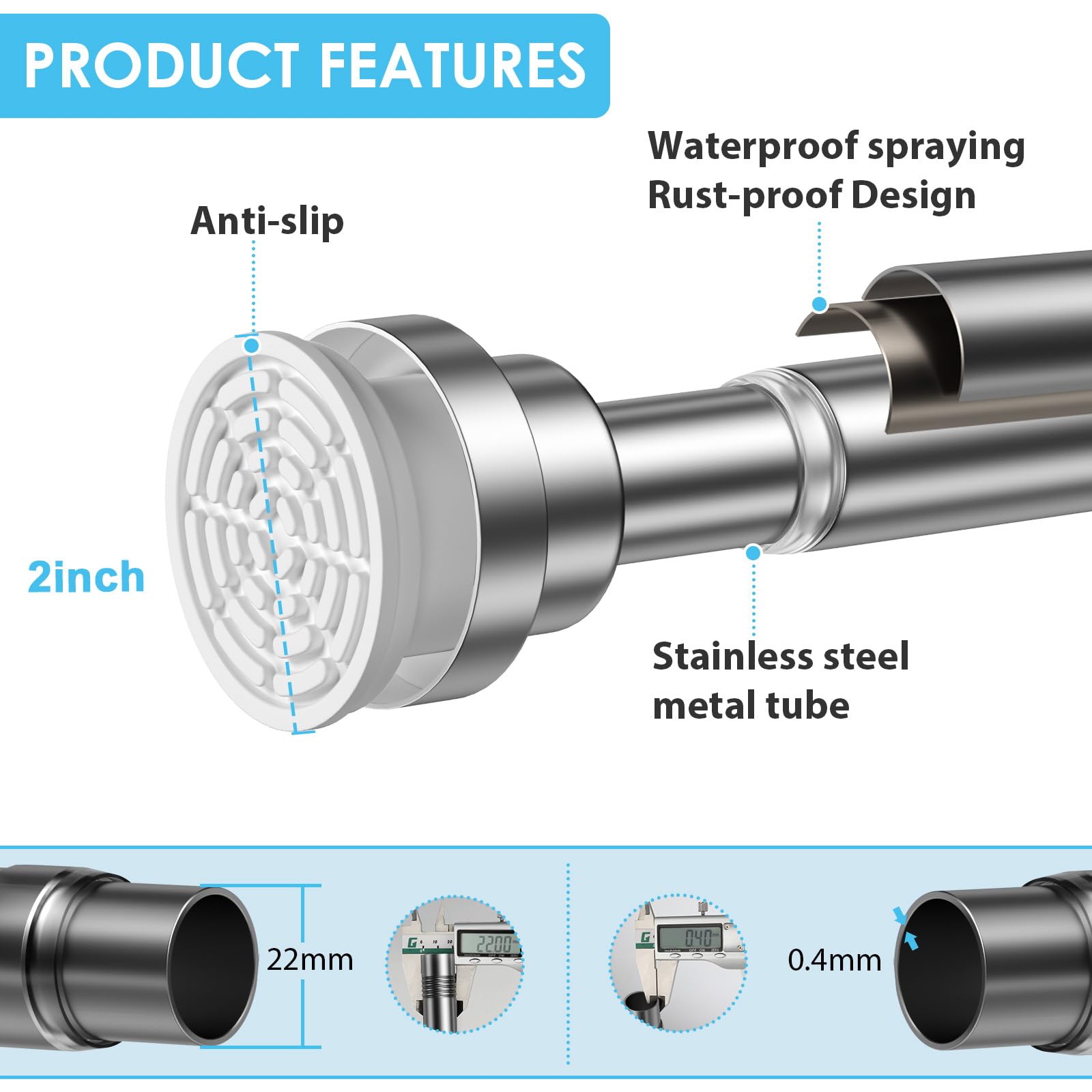 Shower Curtain Pole,Extendable Curtain Poles 79-195Cm,Shower Poles Extendable No Drill,Shower Curtain Rail Non-Slip,Sliver Shower Pole For