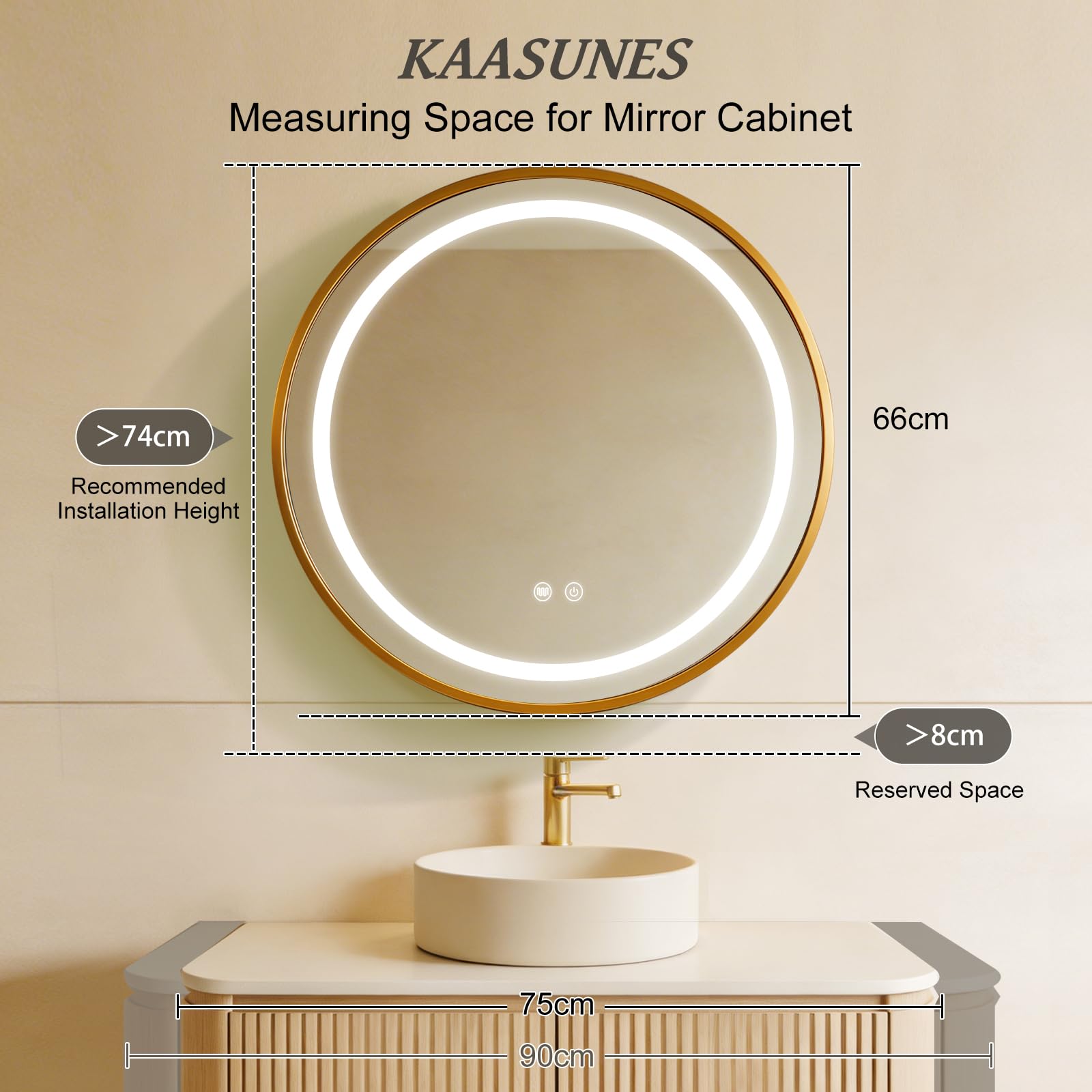 KAASUNES Round Mirror Cabinet with Light,Aluminum Framed,3 Colors Temperature&Dimmer,USB Shaver Socket,Defogger,66cm,Gold