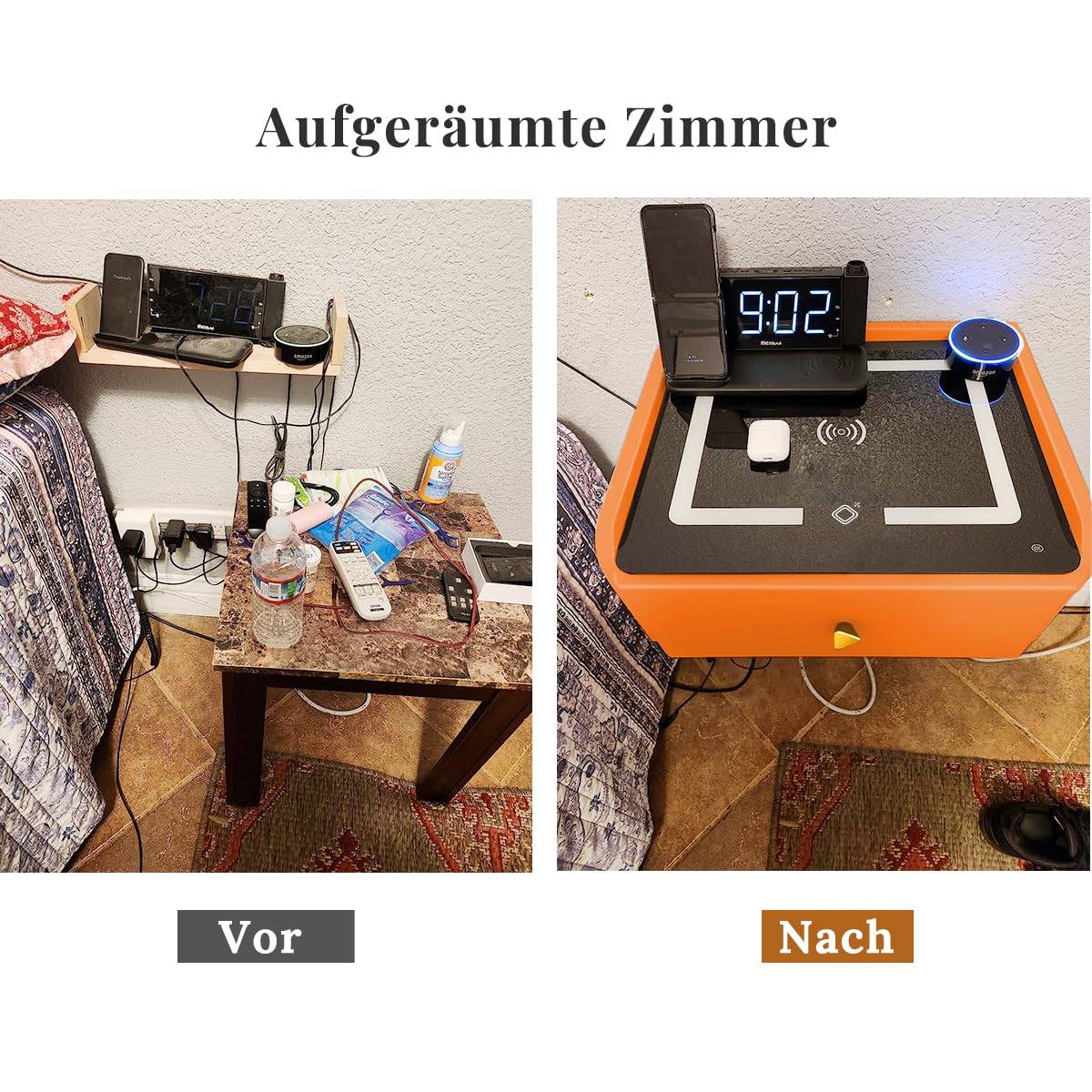 ihomemore Bedside Table with Charging Function Bedside Table Hanging Sleeping Options for Young People Orange