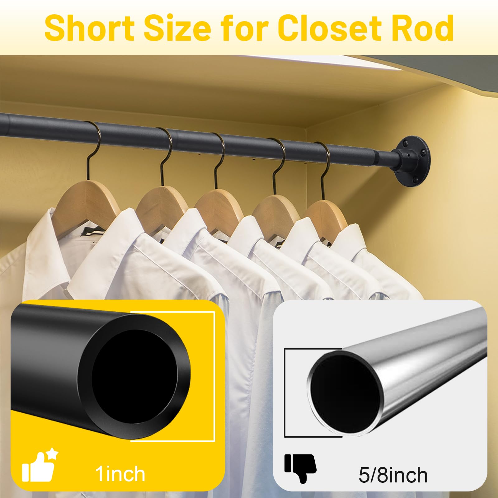 Black Wardrobe Rail,Extendable Clothes Rail 76-124cm,Heavy Duty Wardrobe Pole,25MM Diameter Stainless Steel Clothes Hanging Pole,Screw Fixing